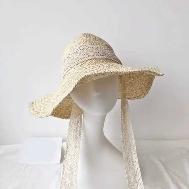 Cappello da spiaggia con nastro in pizzo - ecru / universale