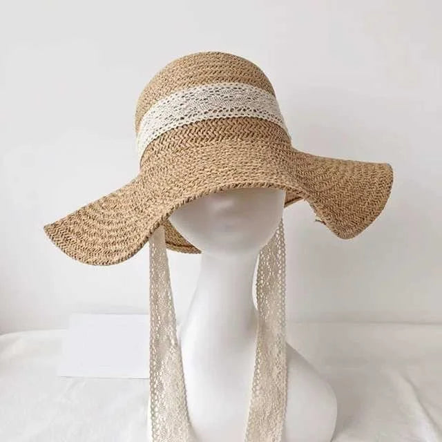 Cappello da spiaggia con nastro in pizzo - marrone / universale