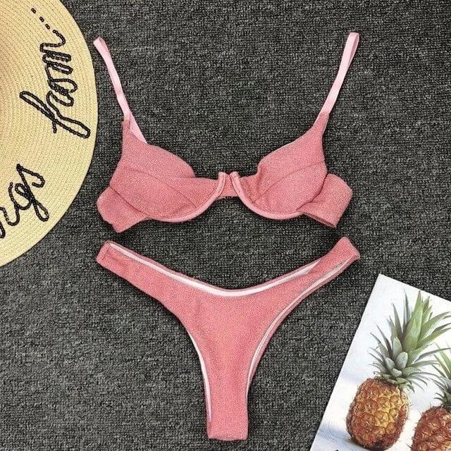 Costume da bagno due pezzi lucido - rosa / s