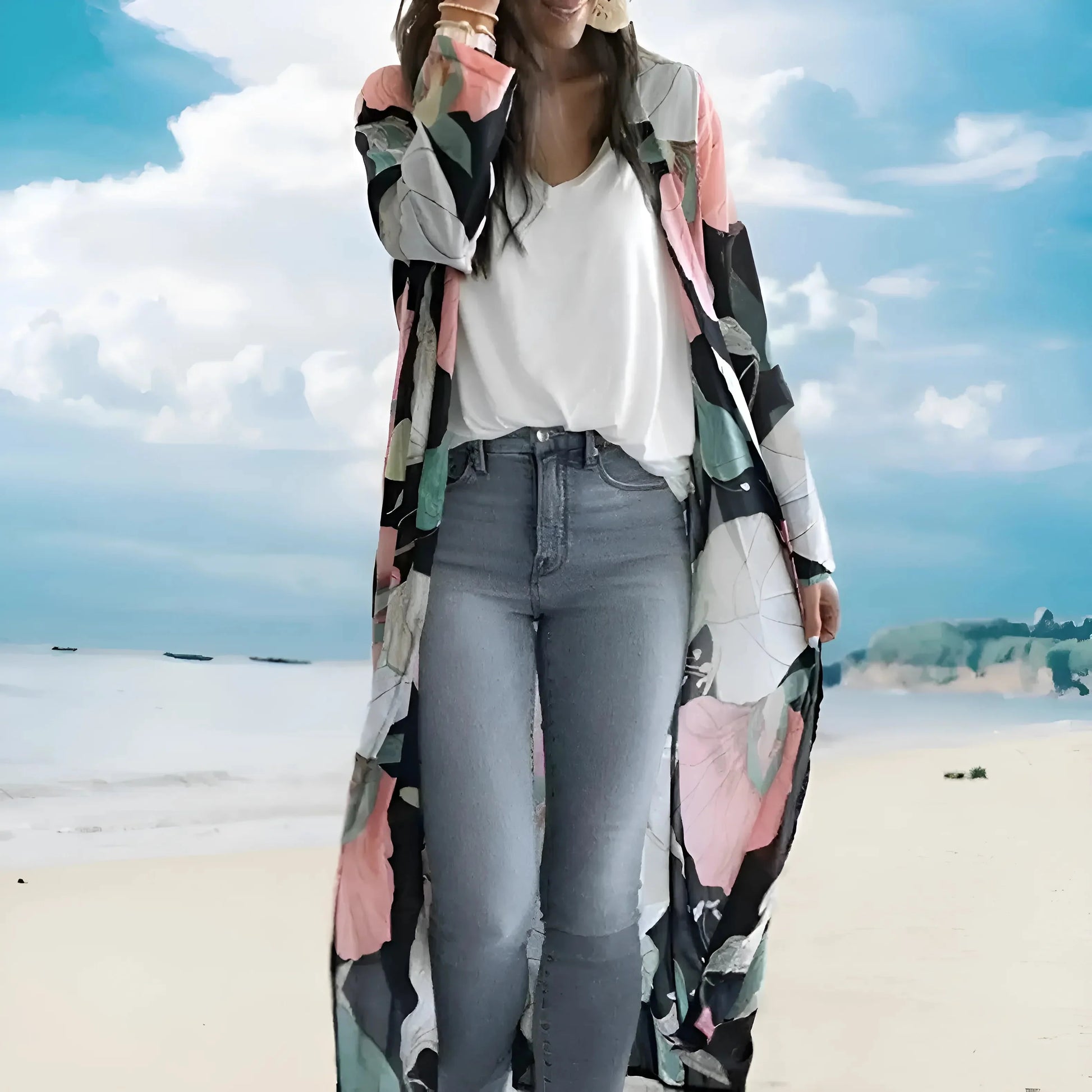  Kimono da spiaggia con stampa floreale