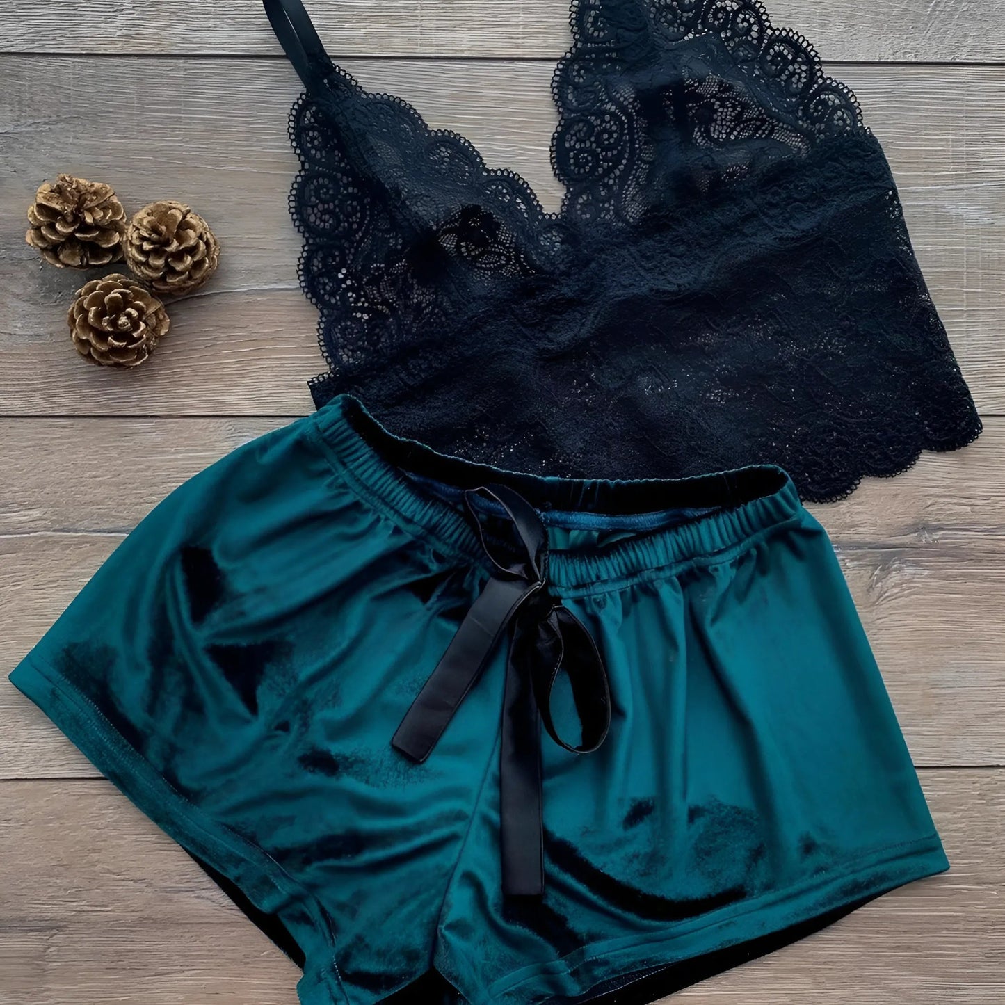 Verde Set di Pigiama Due Pezzi con Top in Pizzo