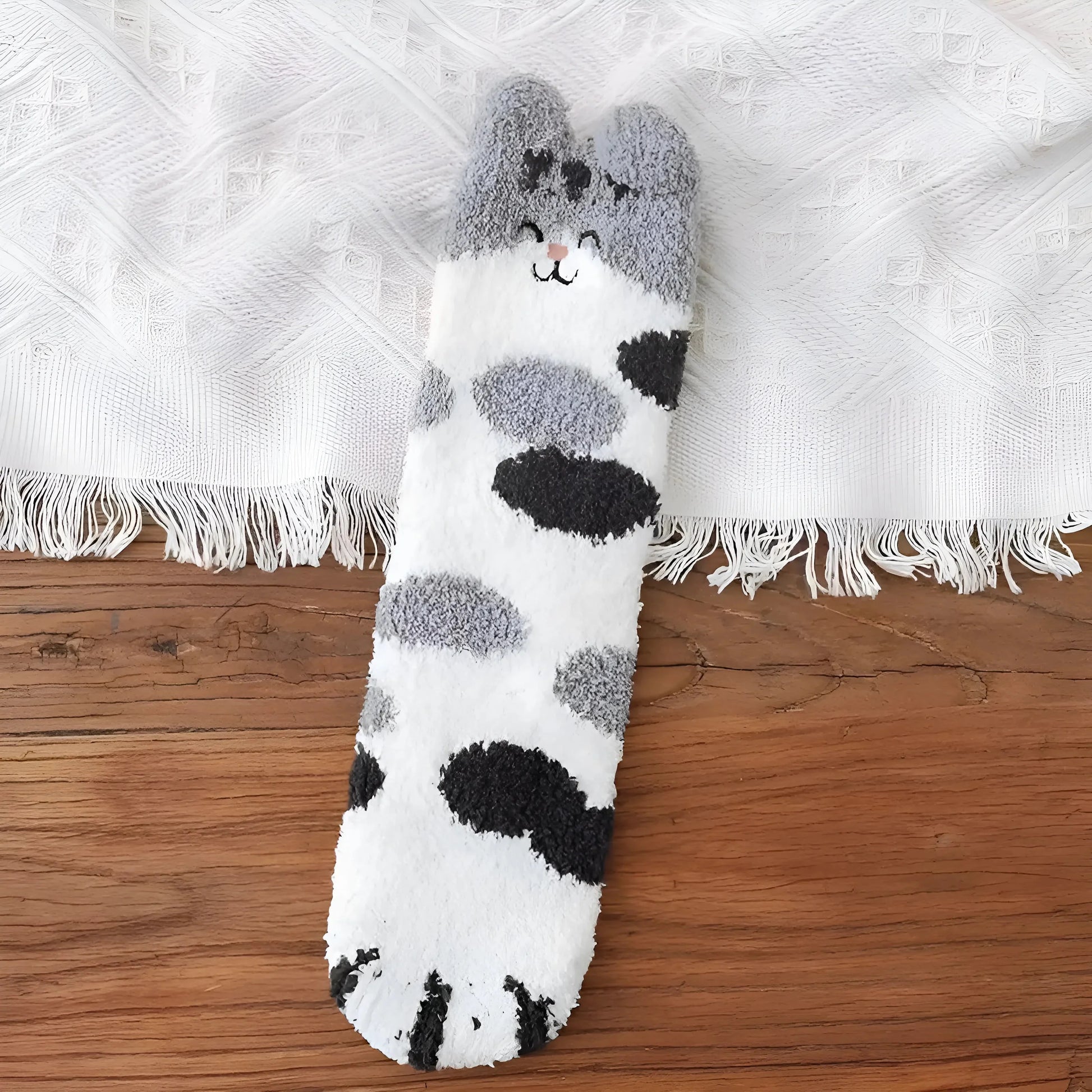 Grigio Calze Fluffy da Donna con Design di Gatto