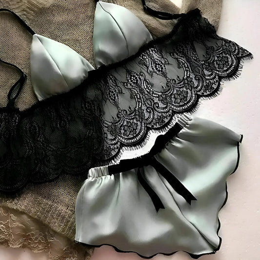 Grigio Pigiama da donna in satin con pizzo decorativo e lacci posteriori