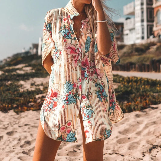 Kimono da spiaggia a taglio camicia - beige / universale