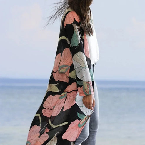 Kimono da spiaggia con fiori grandi - nero / s