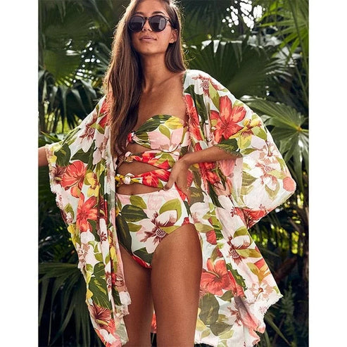 Kimono da spiaggia corto a fiori - arancia / s