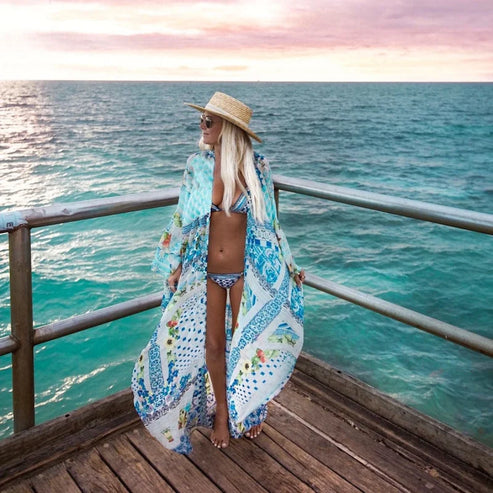 Kimono da spiaggia lungo a fantasia - blu / universale