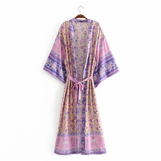 Kimono da spiaggia lungo in stile boho - viola / s