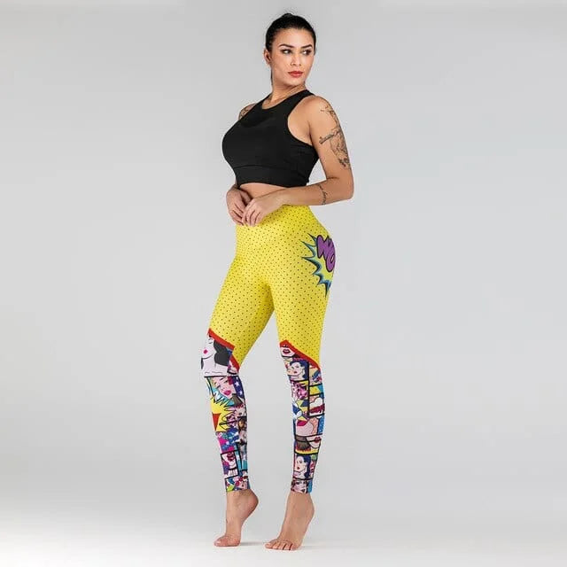 Leggings sportivi con stampa a fumetti - giallo / s