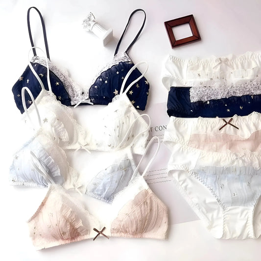 Azzurro Set di Lingerie in Pizzo con Stelle Dorate