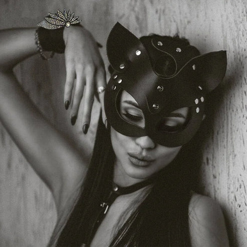 Maschera in pelle con orecchie di gatto - nero / universale