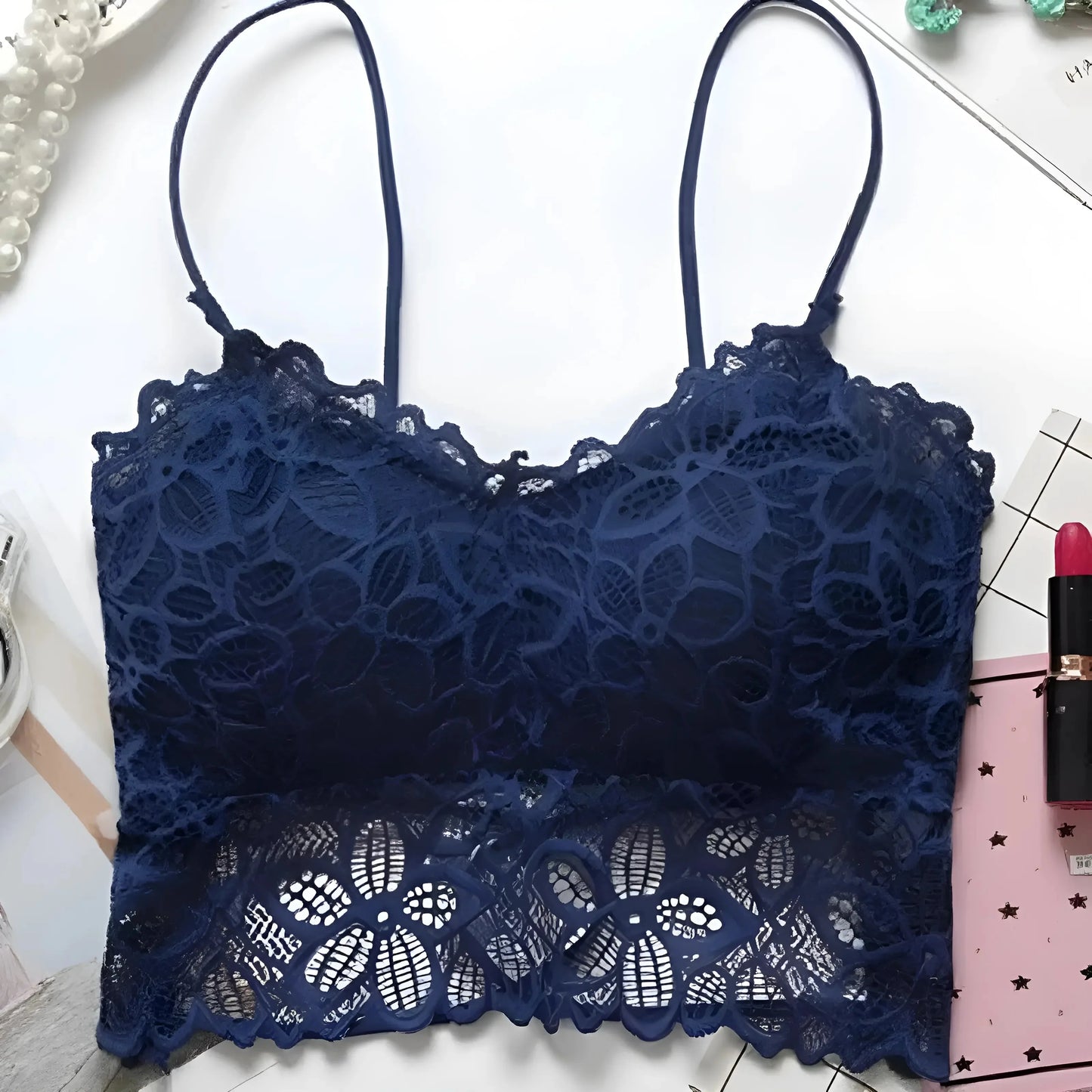 Blu Marino Bralette Push-Up in pizzo con design a vita bassa