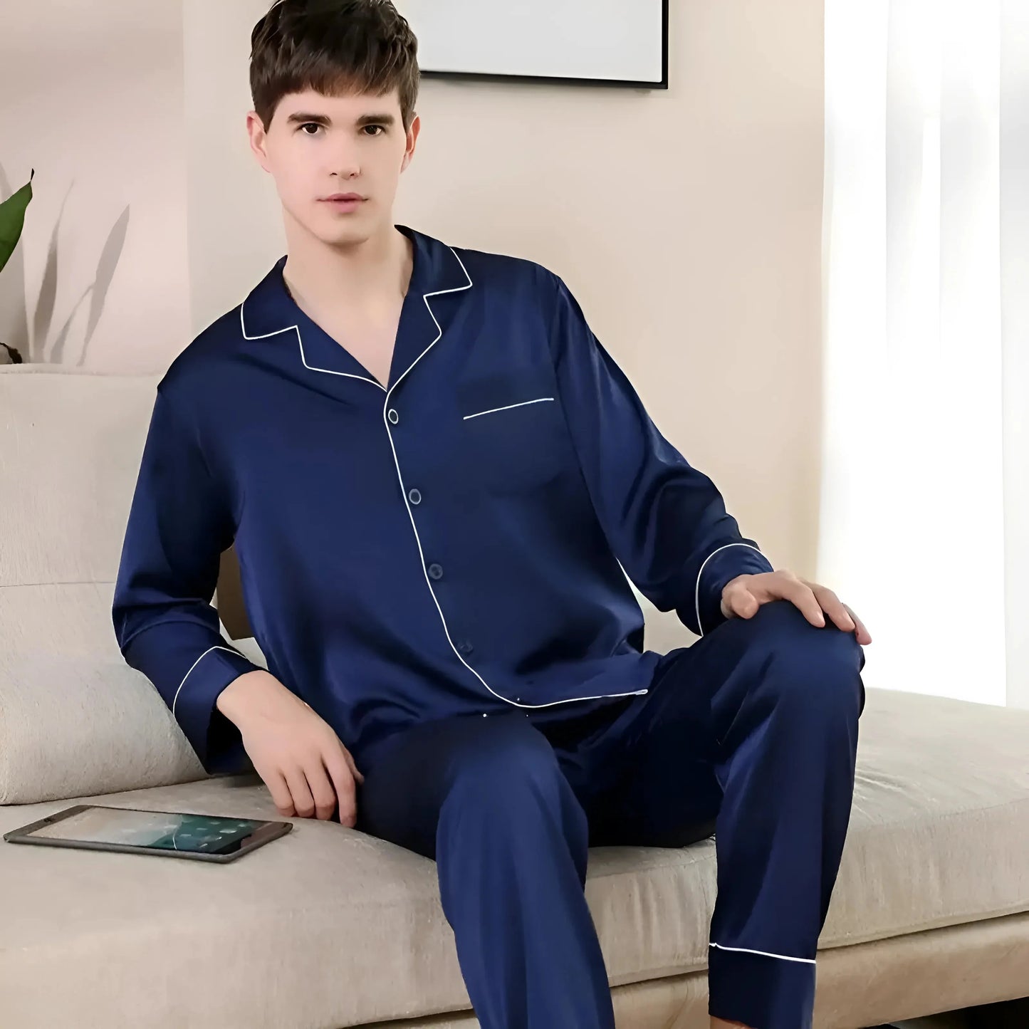 Blu Marino Set di Pigiama in Satin da Uomo