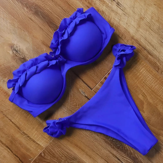 Blu Marino Costume da bagno bikini a due pezzi con fronzoli decorativi