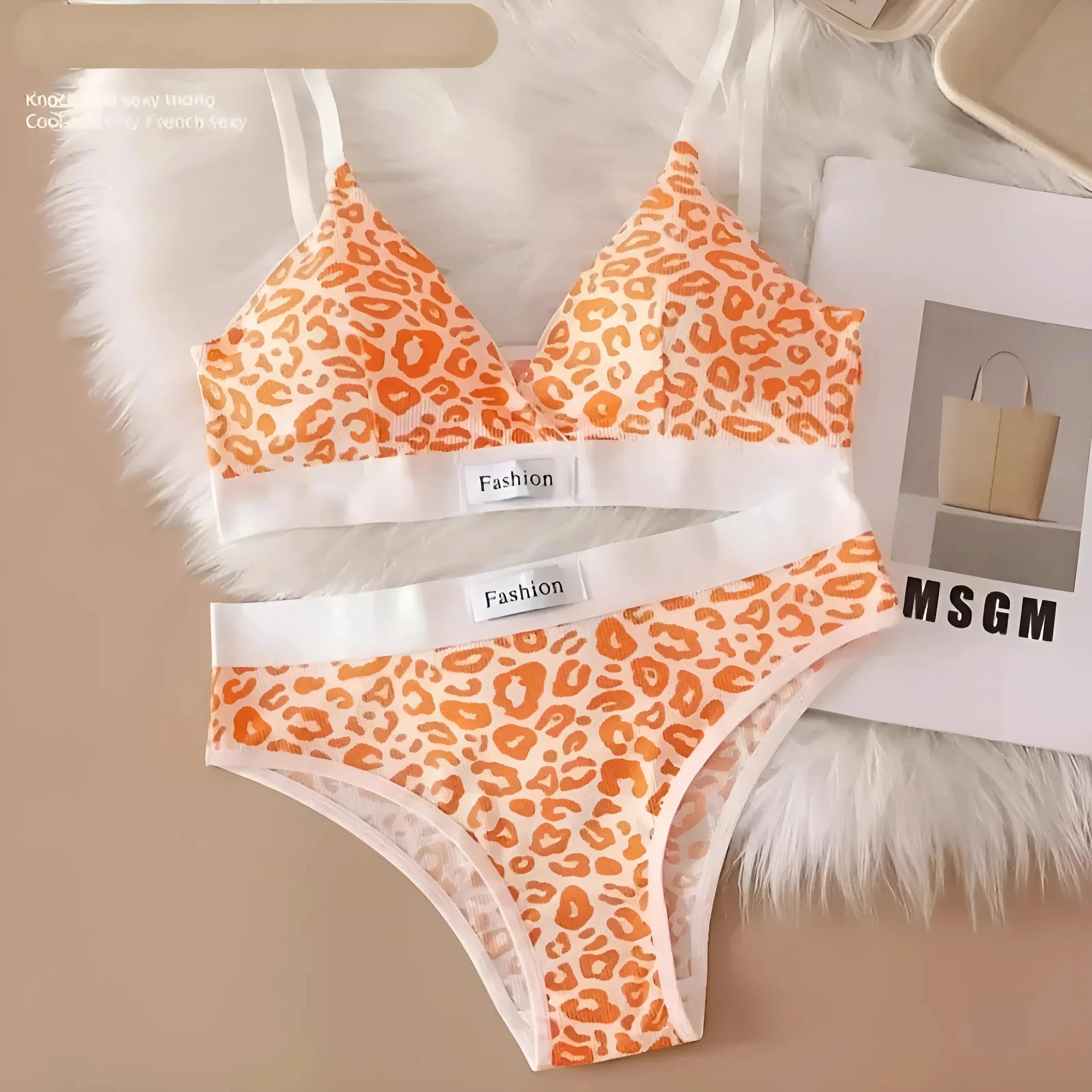 Arancione Set di Lingerie a Stampa Leopardo