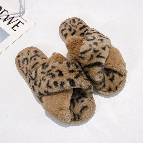 Pantofole soffici da donna a stampa leopardo - marrone / 36-37