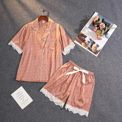 Pigiama da donna con top da camicia e pizzo - rosa / s