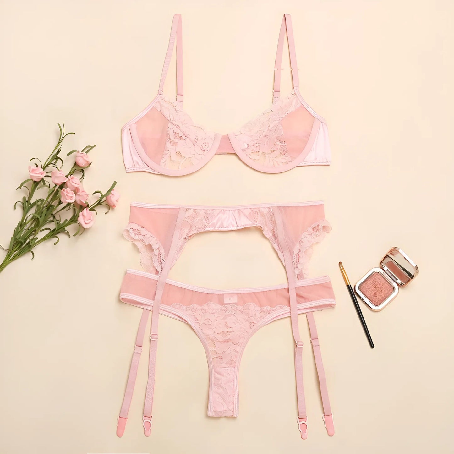 Rosa Set di Lingerie in Pizzo a 3 Pezzi