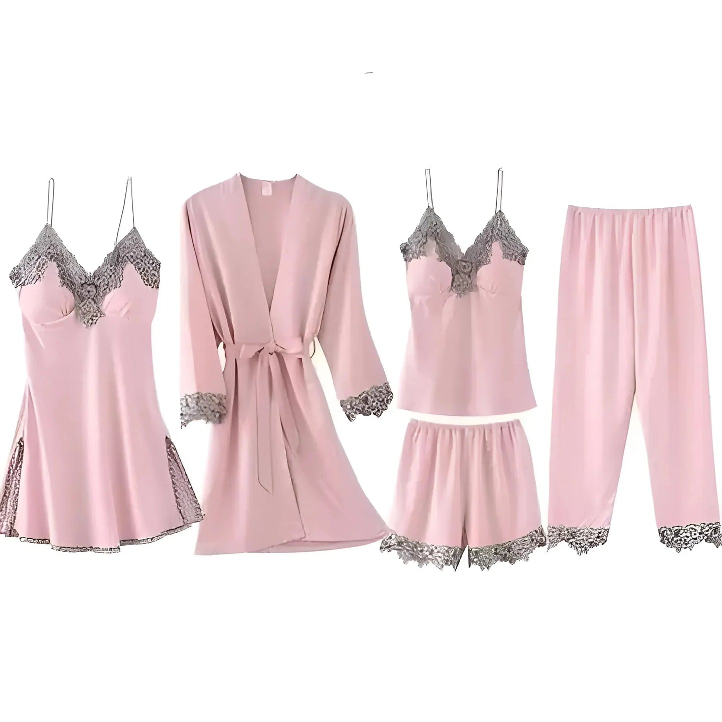 Rosa Set da notte a cinque pezzi con pizzo decorativo