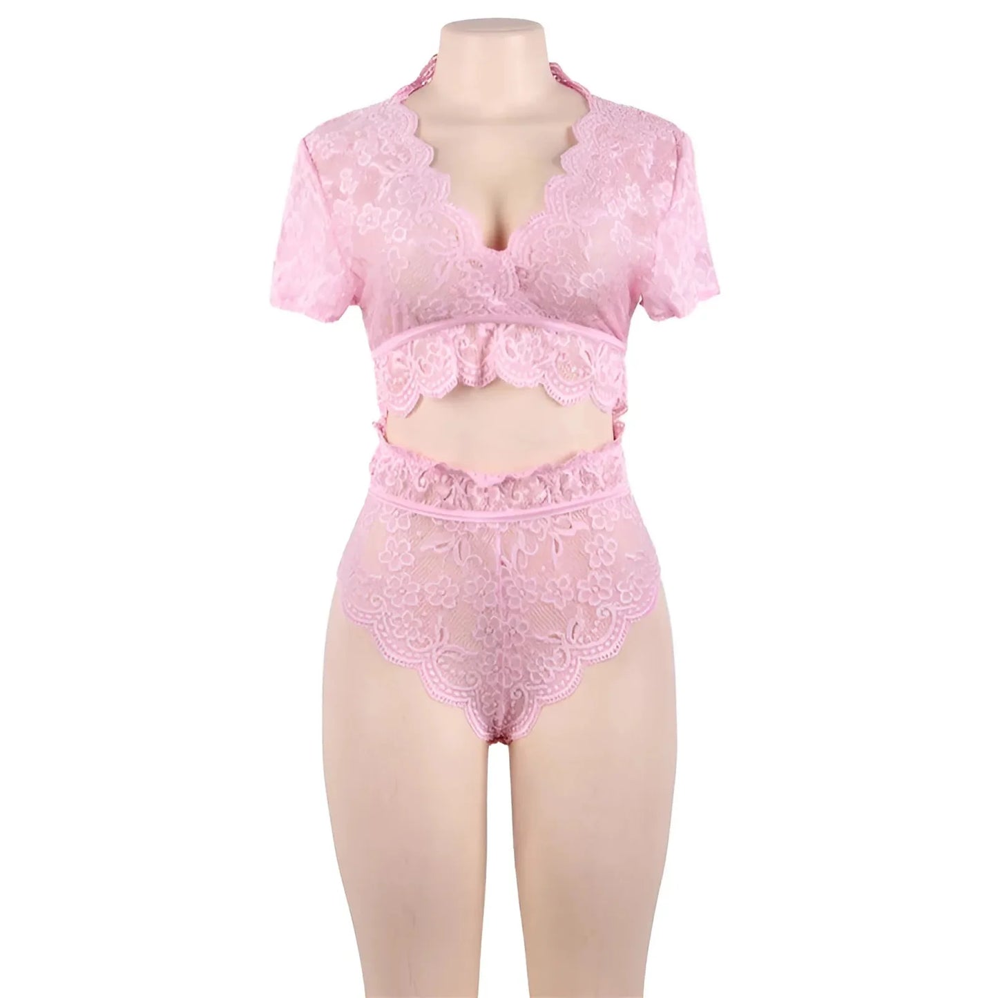 Rosa Set di Lingerie in Pizzo con Spalle Coperte in Taglie Forti