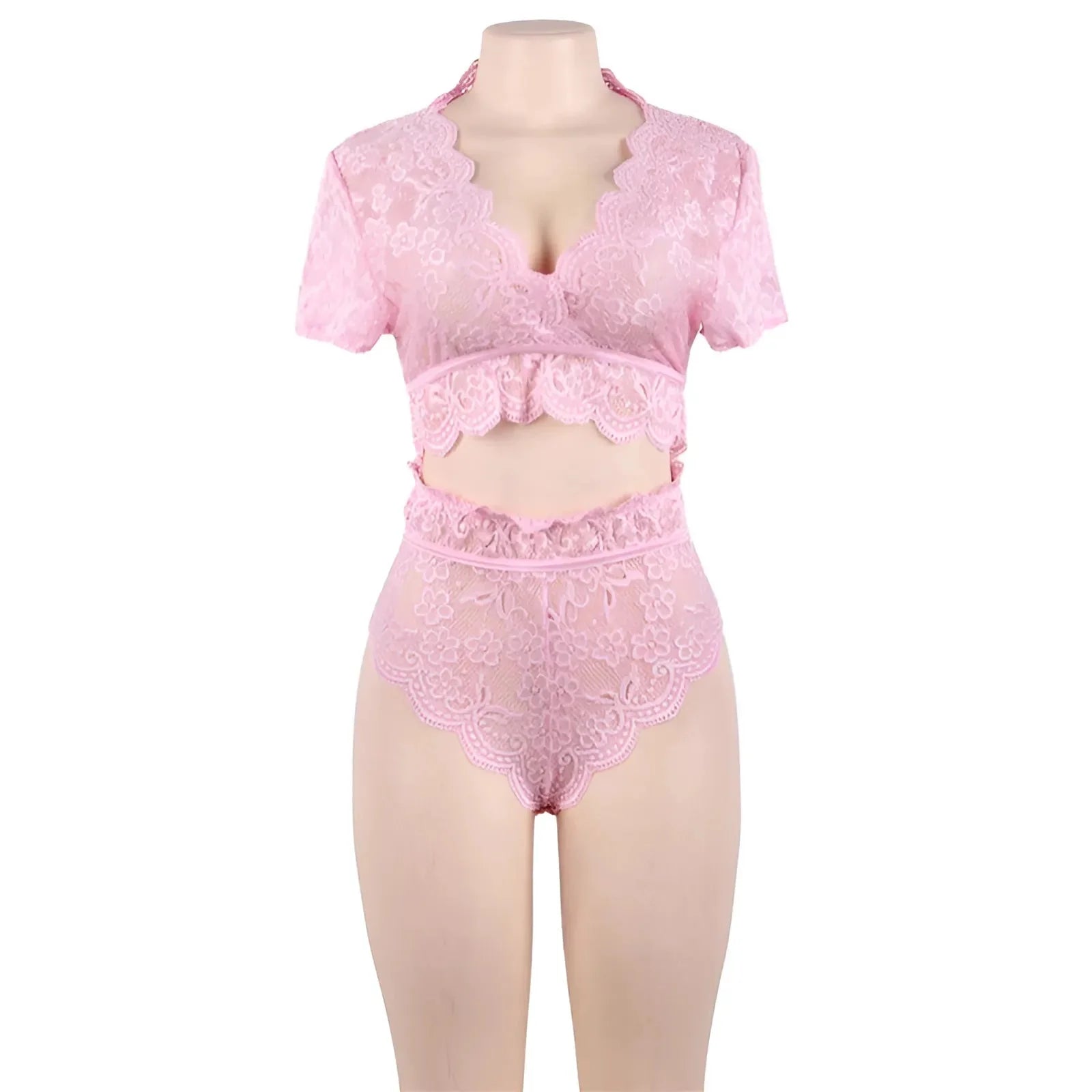 Rosa Set di Lingerie in Pizzo con Spalle Coperte in Taglie Forti