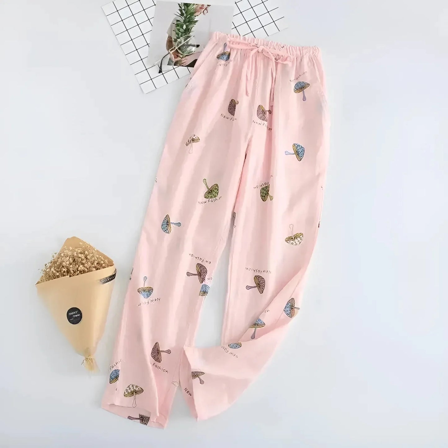 Funghi Rosa Pantaloni da Pigiama con Motivo