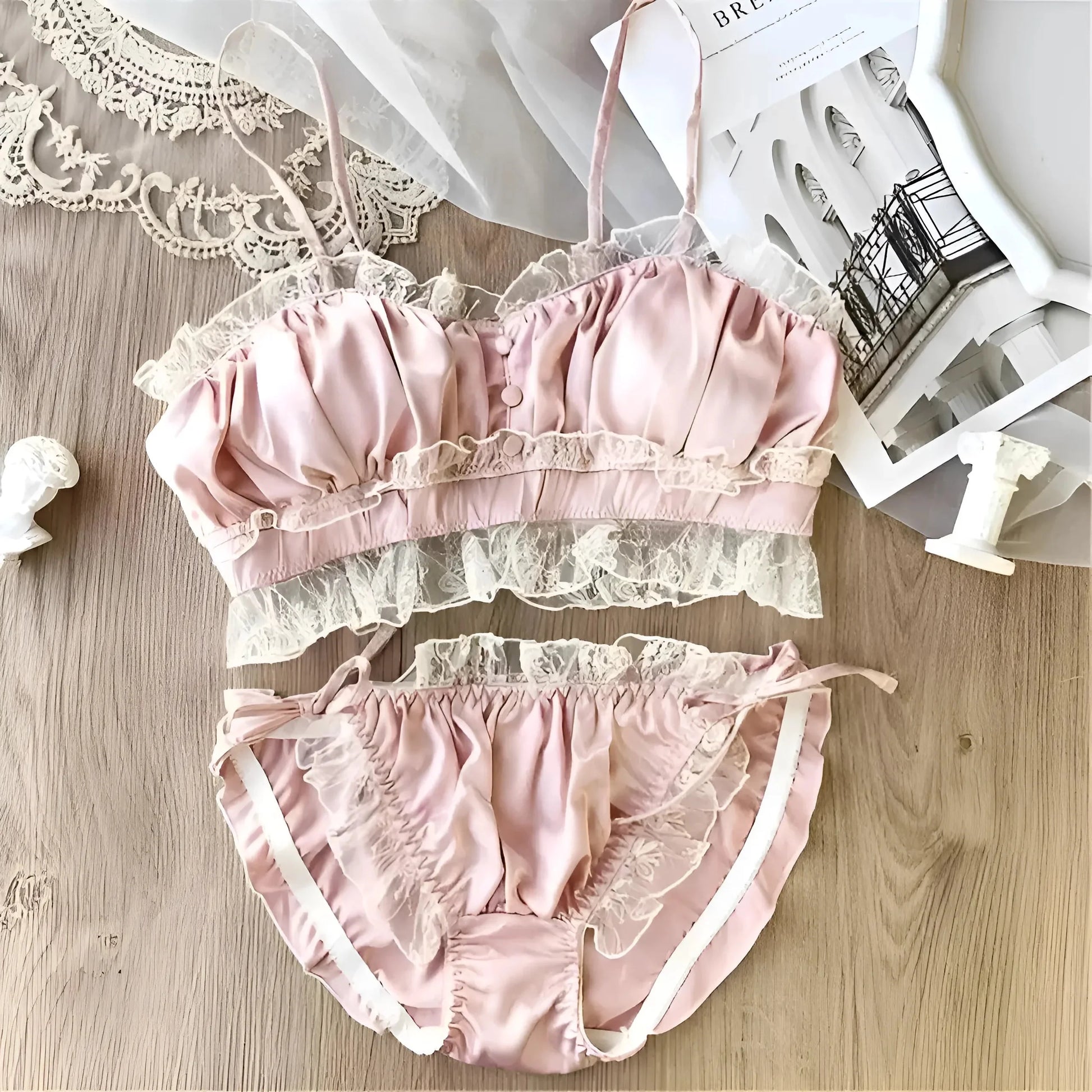 Rosa Set di Lingerie in Pizzo Arricciato