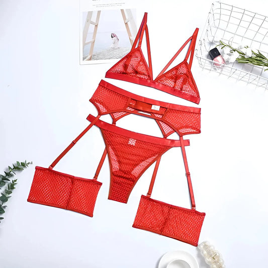 Rosso Set di Lingerie in Pizzo a 3 Pezzi