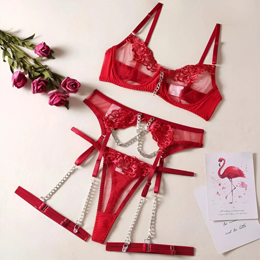 Rosso Set di Lingerie in Pizzo a 3 Pezzi con Catene