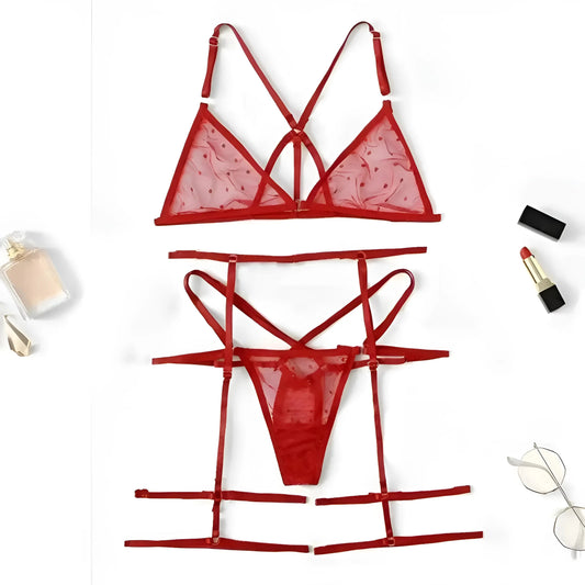 Rosso Set di Lingerie a Pois in 3 Pezzi