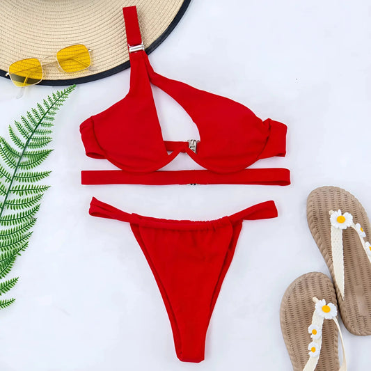 Rosso Bikini Asimmetrico con Fibbia sulla Spalla