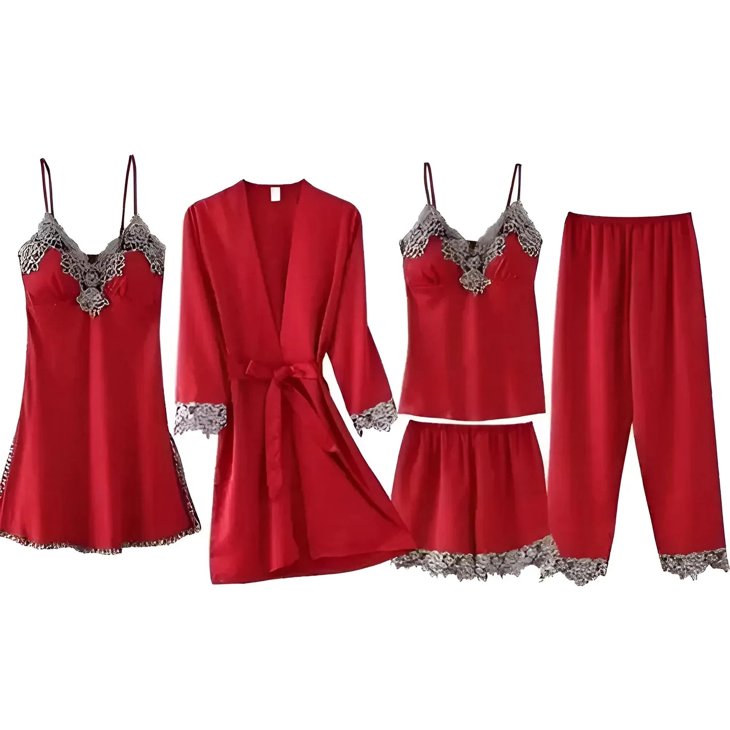 Rosso Set da notte a cinque pezzi con pizzo decorativo