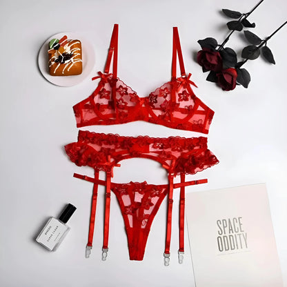 Rosso Set di Lingerie in Pizzo Floreale