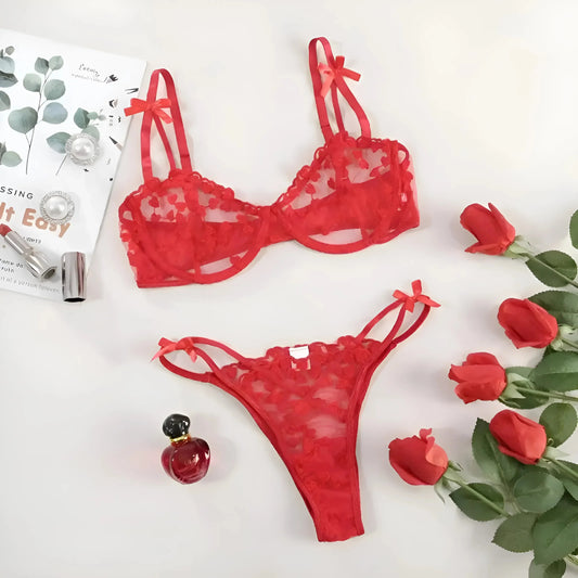 Rosso Set di Lingerie con Stampa Cuore in Pizzo