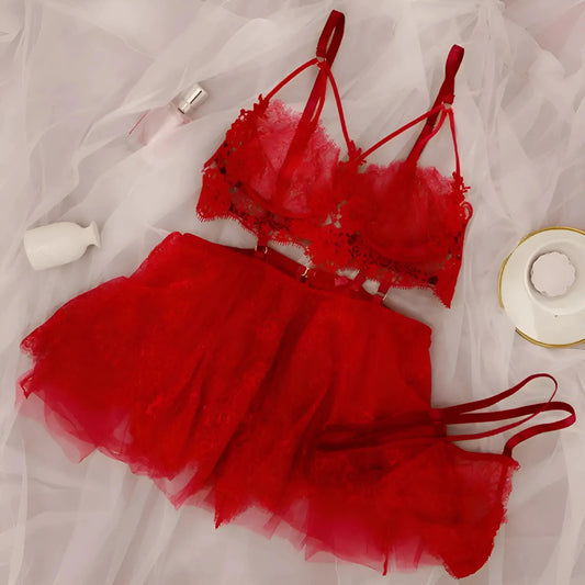 Rosso Set di Lingerie in Pizzo
