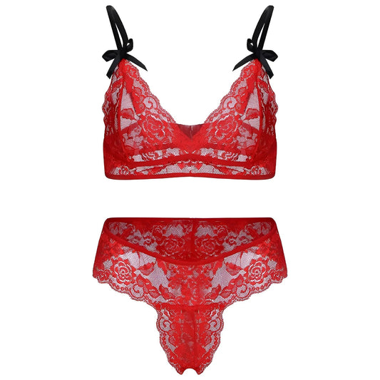 Rosso Set di Lingerie in Pizzo con Fiocchi
