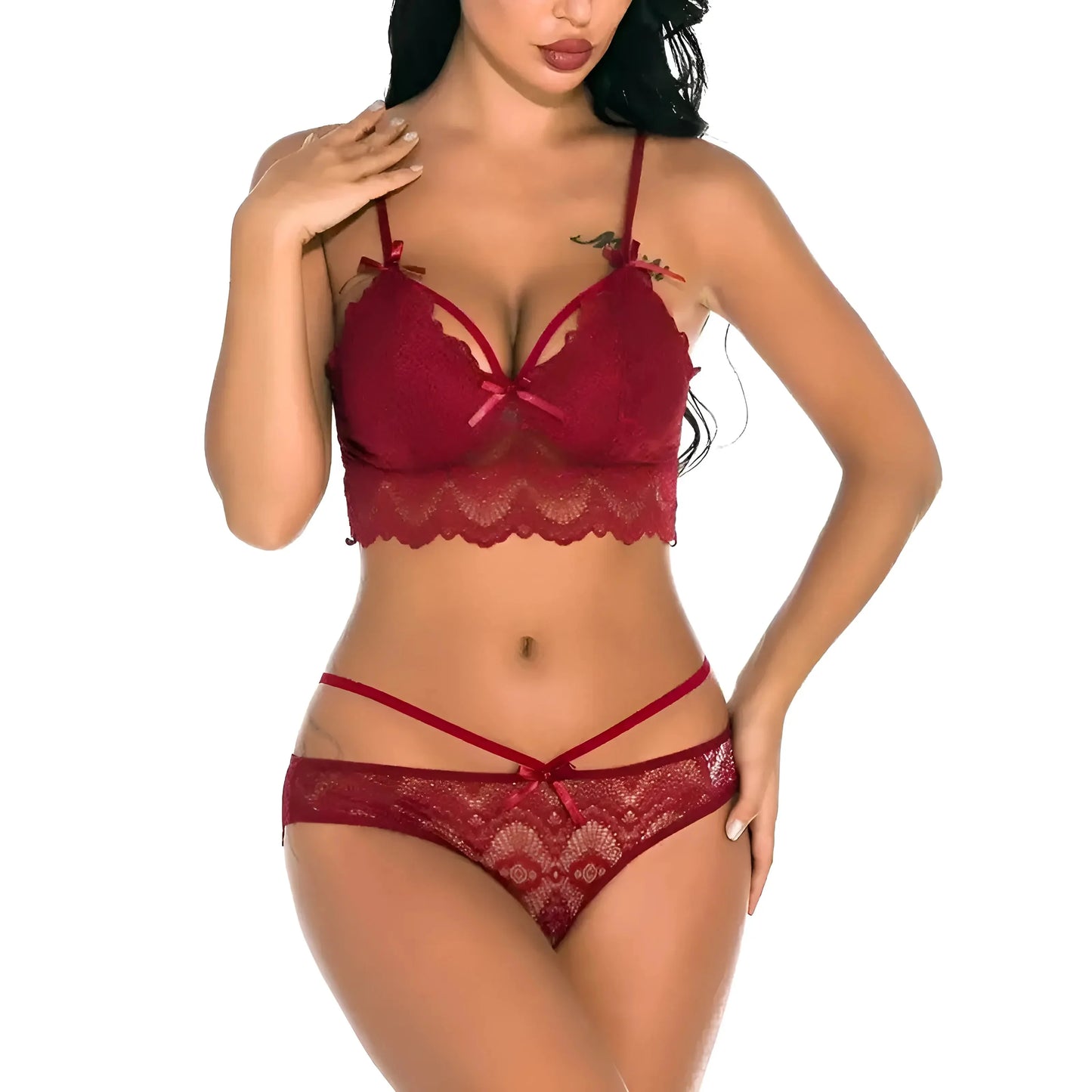 Rosso Set di Lingerie in Pizzo con Bralette