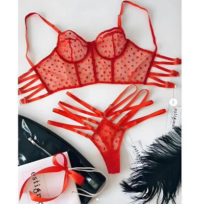 Rosso Set di Lingerie in Pizzo con Corsetto