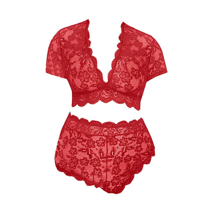 Rosso Set di Lingerie in Pizzo con Spalle Coperte in Taglie Forti