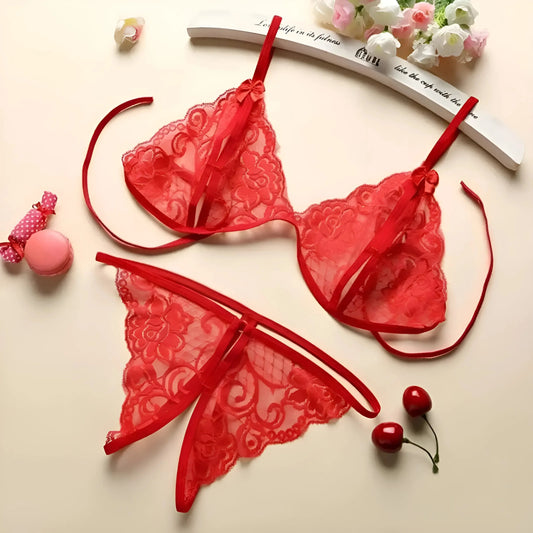 Rosso Set di Lingerie in Pizzo con Taglietti