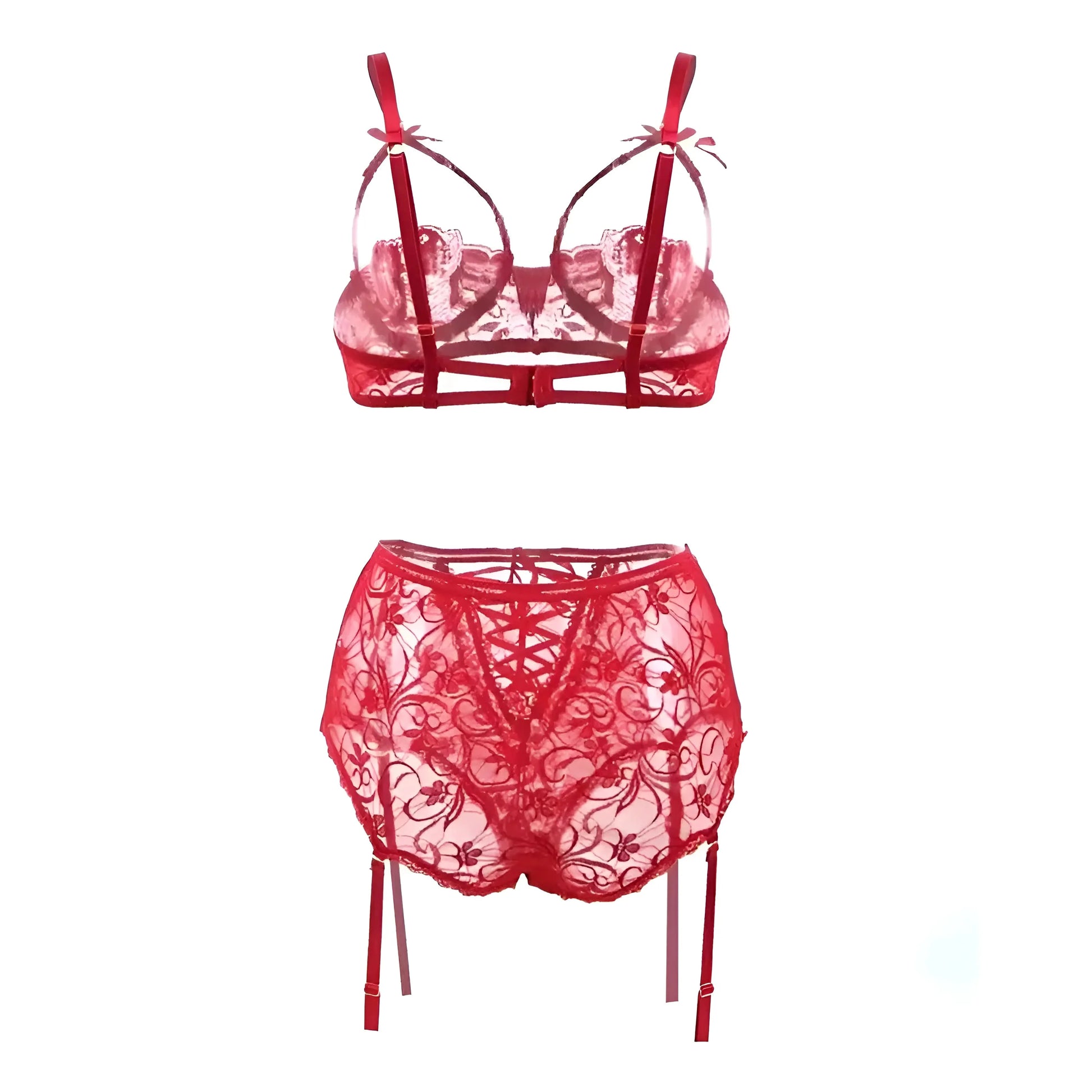 Rosso Set di Lingerie in Pizzo con Fiocchi Decorativi in Taglie Comode