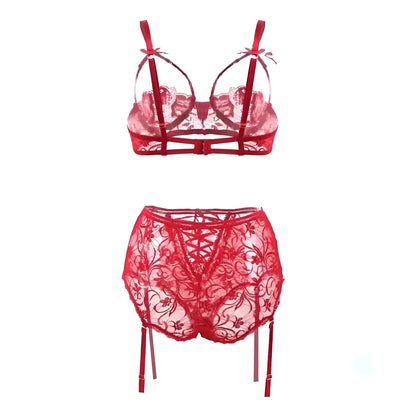 Rosso Set di Lingerie in Pizzo con Fiocchi Decorativi in Taglie Comode
