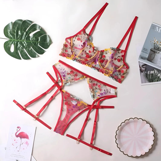 Rosso Set di Lingerie in Pizzo con Fiori Ricamati