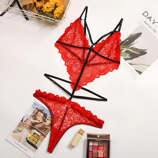 Rosso Set di Lingerie in Pizzo con Collo Alto e Cinghie