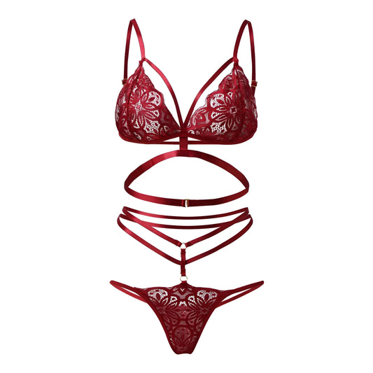 Rosso Set di Lingerie in Pizzo con Cinghie