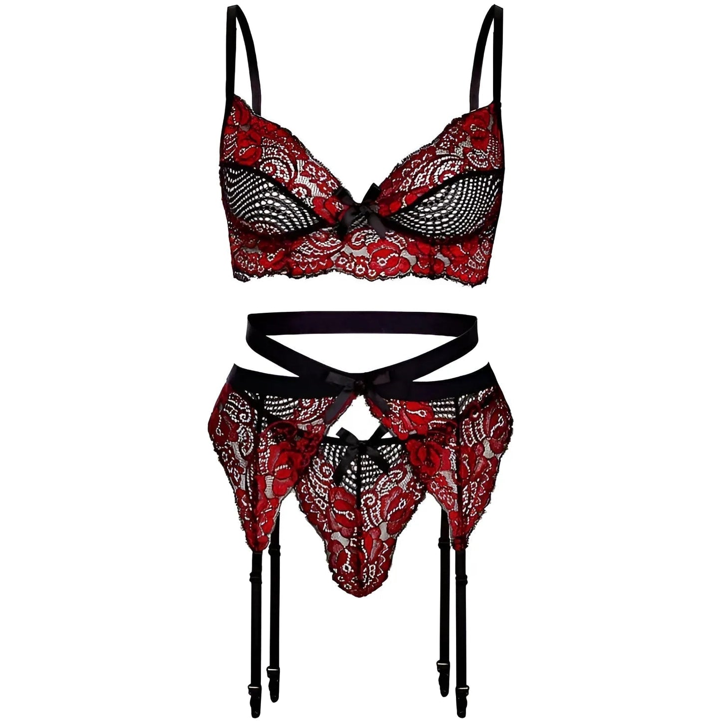 Rosso Set di Lingerie in Pizzo con Cintura Reggicalze