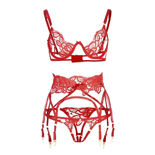 Rosso Set di Lingerie in Pizzo con Cintura Reggicalze
