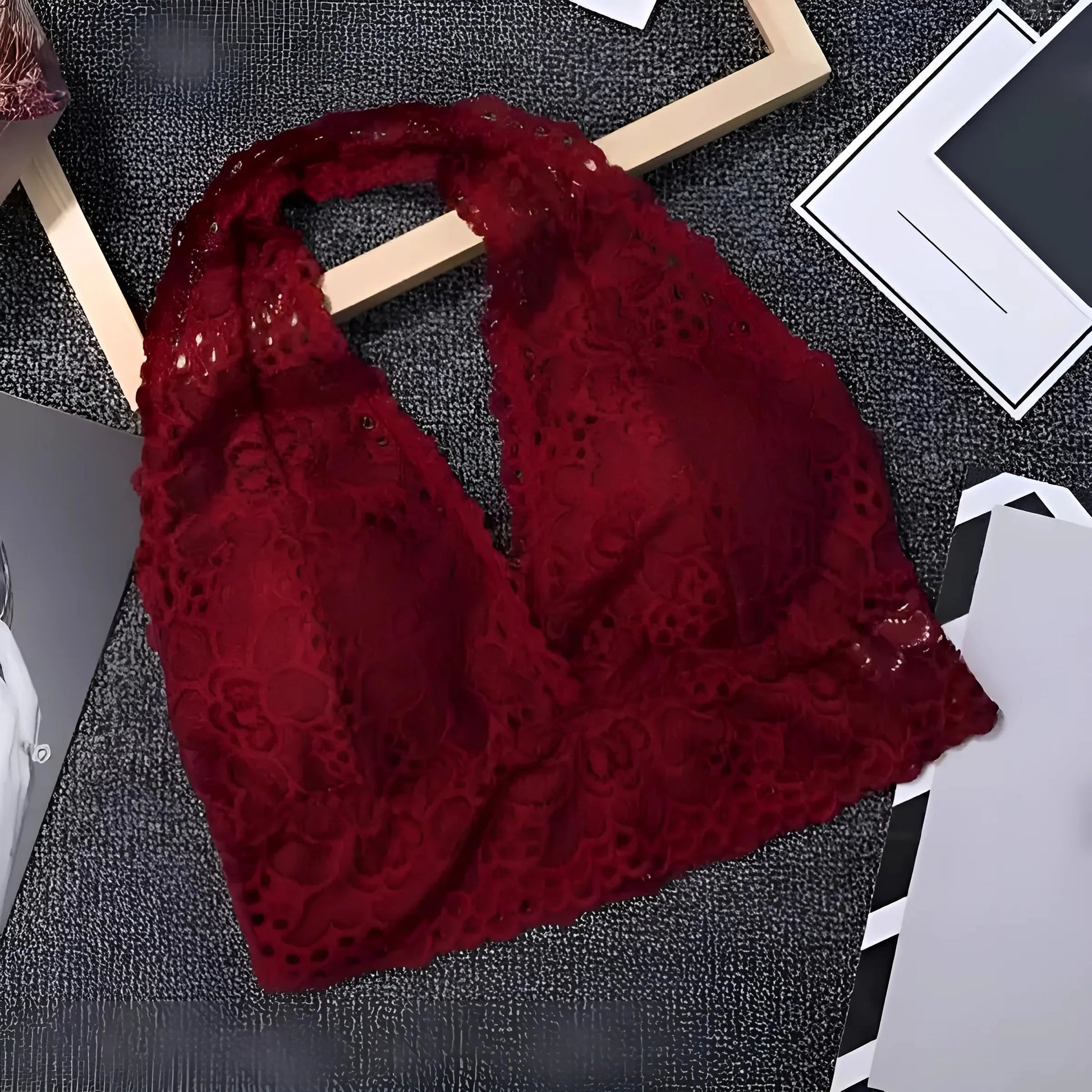Rosso Reggiseno Halter con Collo in Pizzo