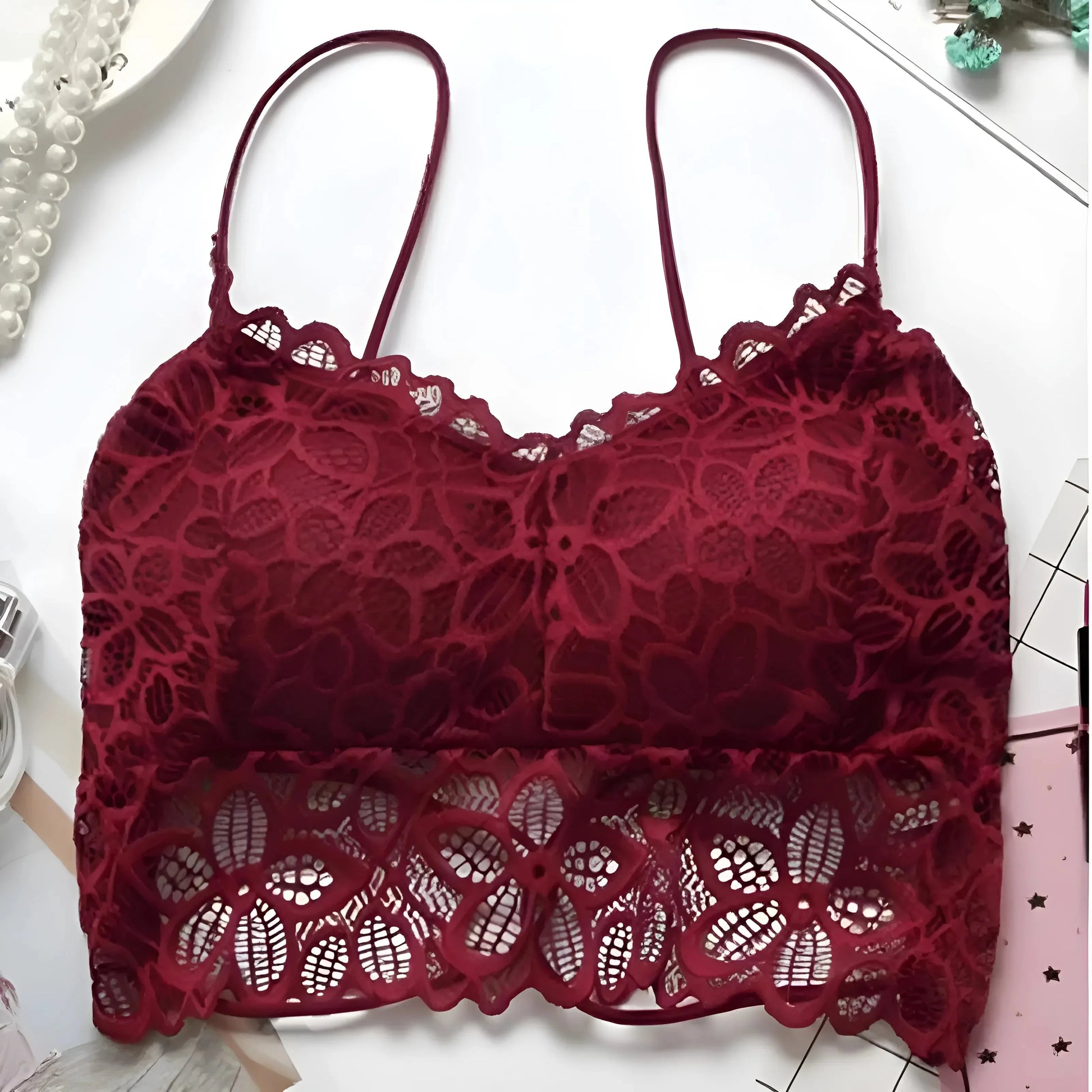 Rosso Bralette Push-Up in pizzo con design a vita bassa