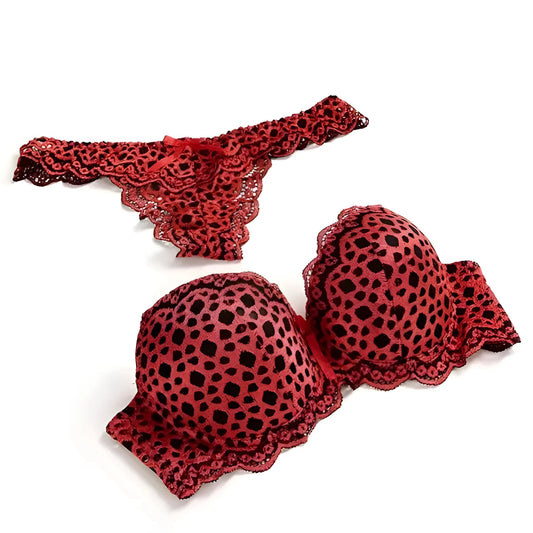 Rosso Set di Lingerie con Stampa a Pois in Pizzo